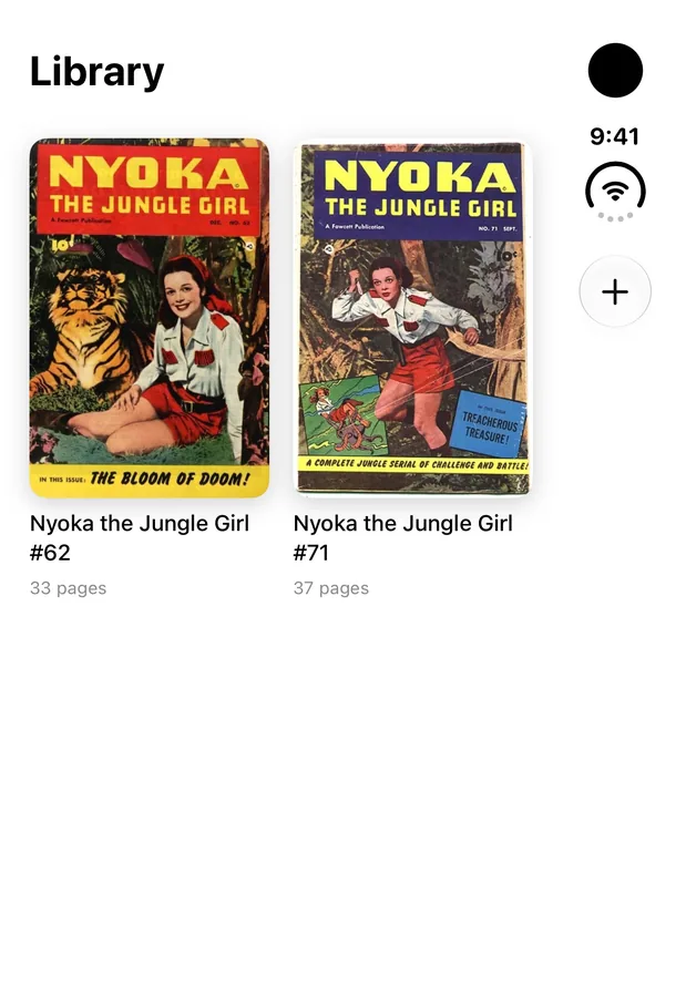 Unfolio library showing two issues of Nyoka the Jungle Girl with their covers and page counts