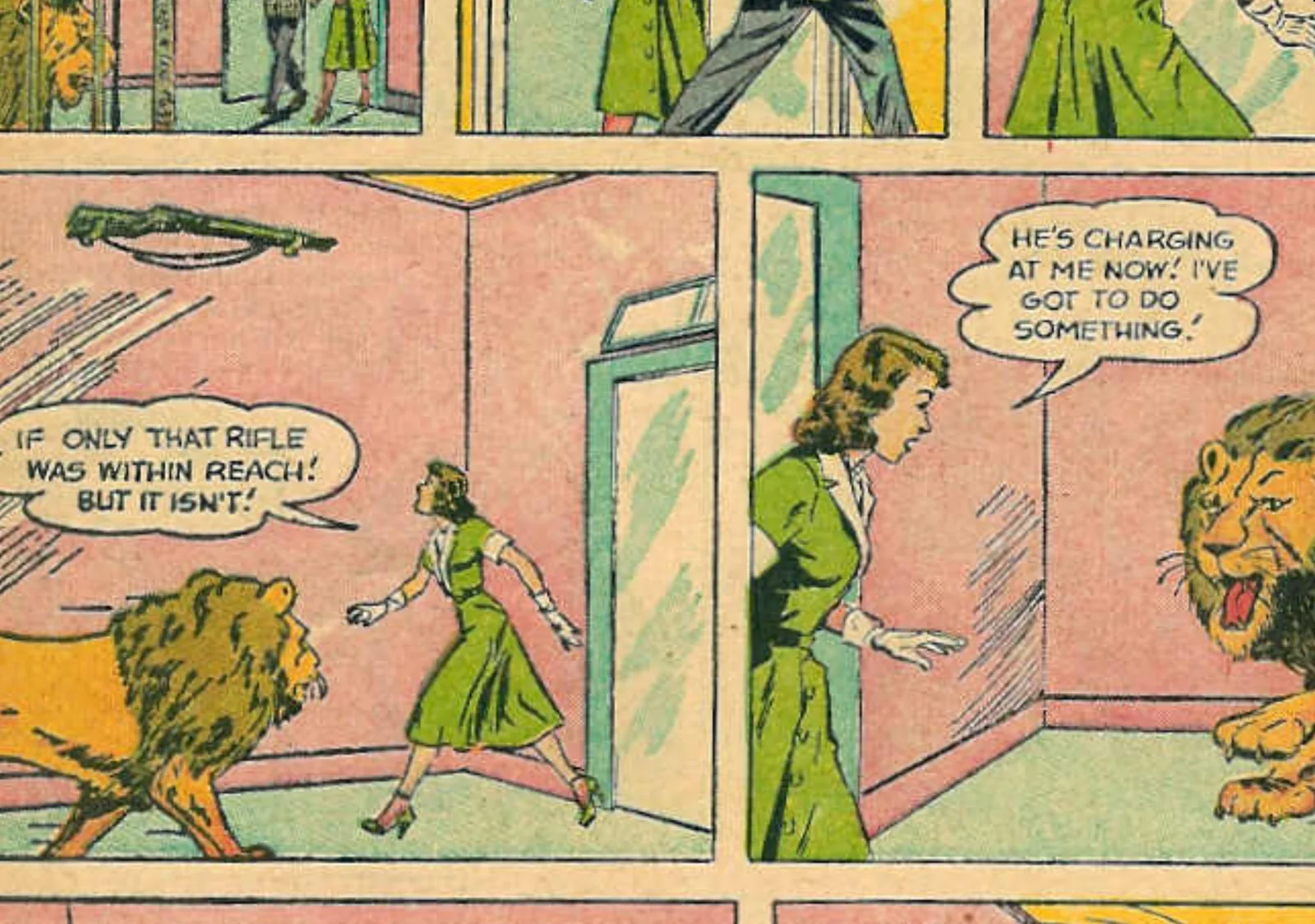 Zoomed into two panels, the hand lettering in the speech balloons is sharp and readable